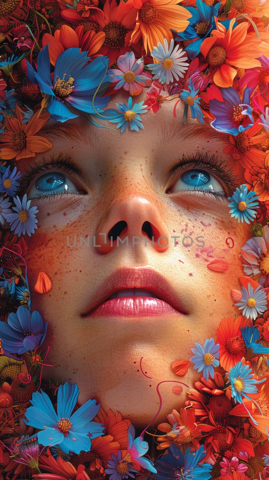 A close up of a girl surrounded by flowers and leaves, AI by starush