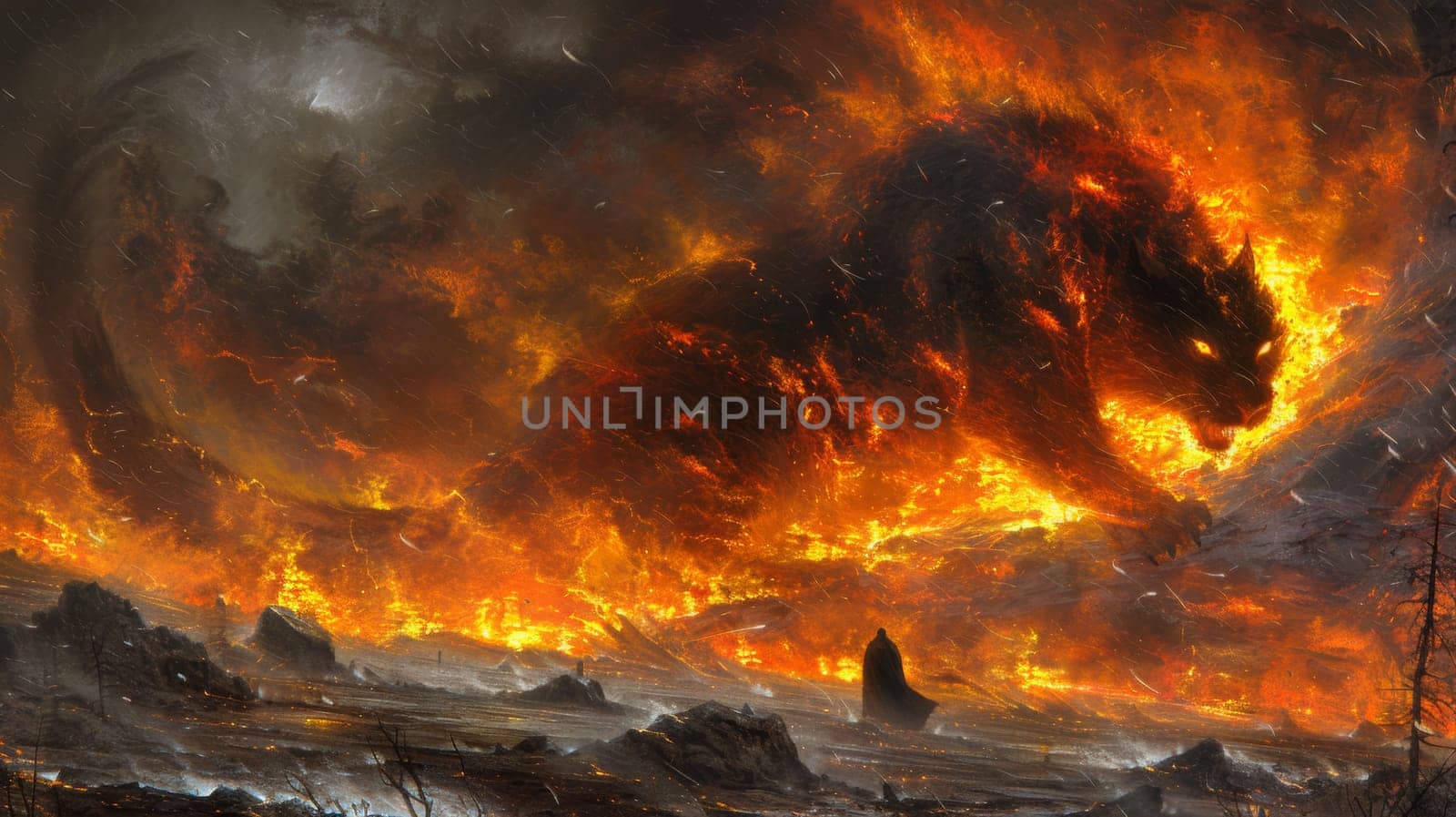 A painting of a large wolf in flames with people running away
