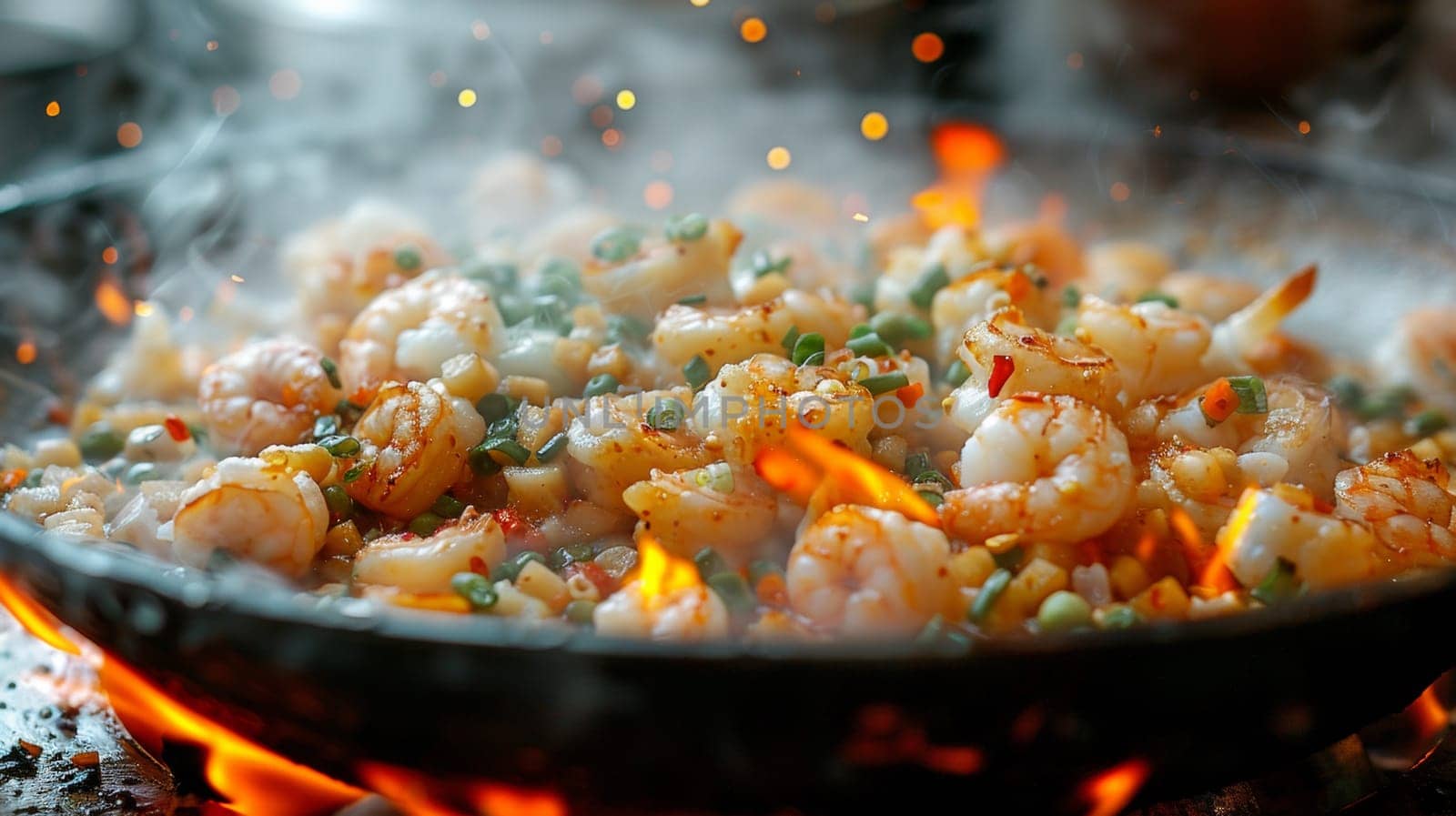 A pan of a wok filled with shrimp and vegetables on fire