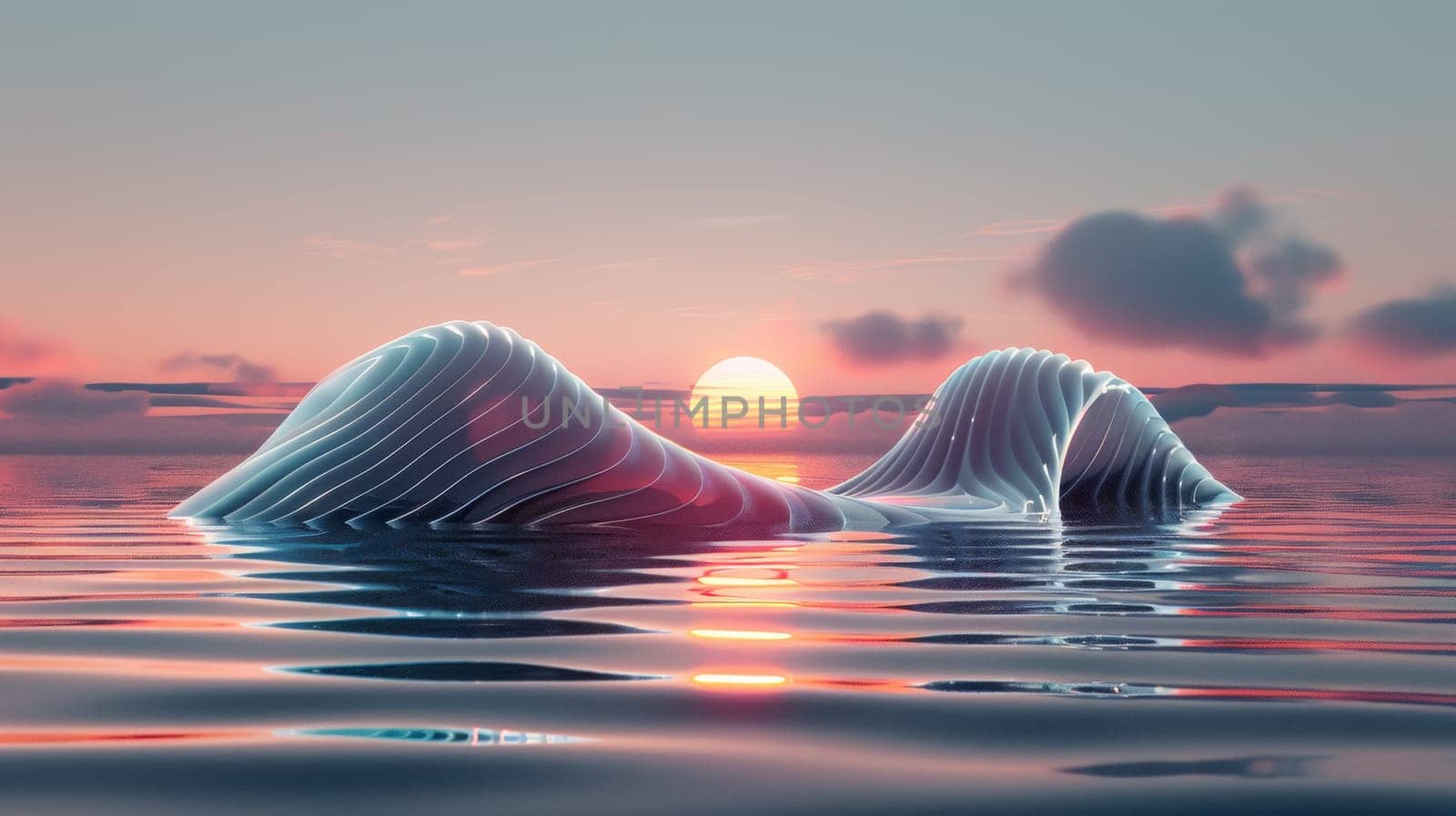 A large wave in the water with a sunset behind it, AI by starush