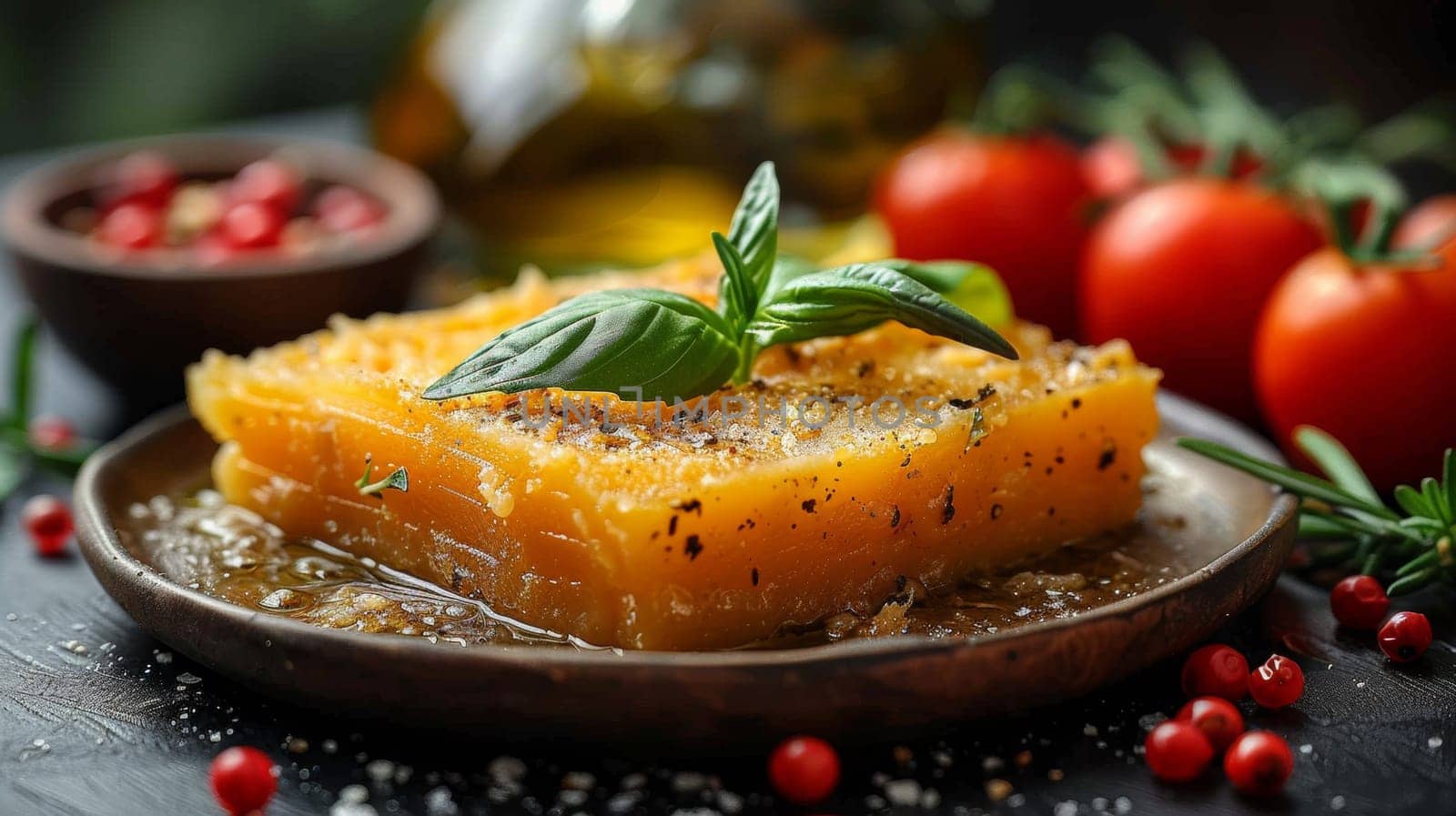 A plate of food with a tomato and basil leaf on it