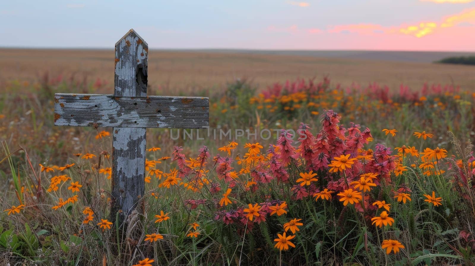 A wooden cross in a field of wildflowers with sunset behind, AI by starush