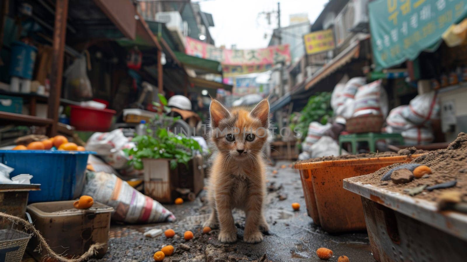 A small kitten standing in a dirty alley with fruit and vegetables