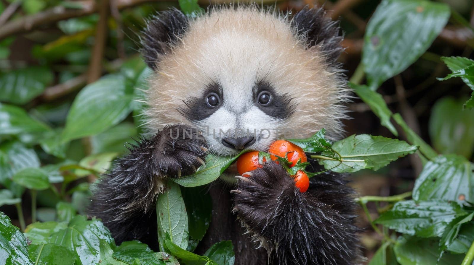 A panda bear eating a tomato in the wild