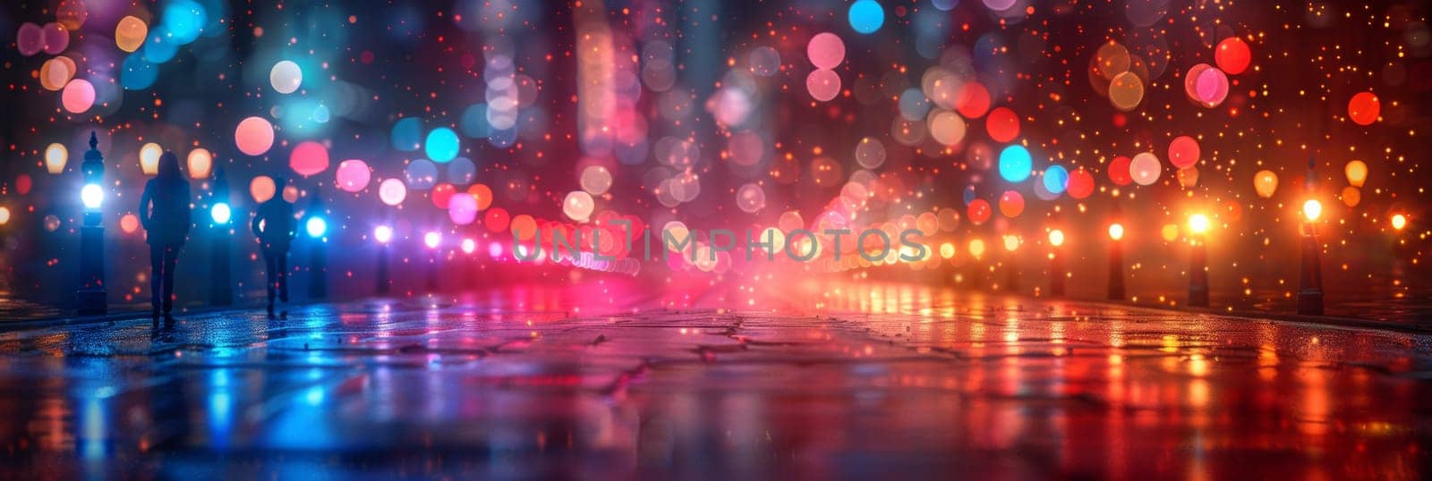 A street with lights and colorful bokeh in the background