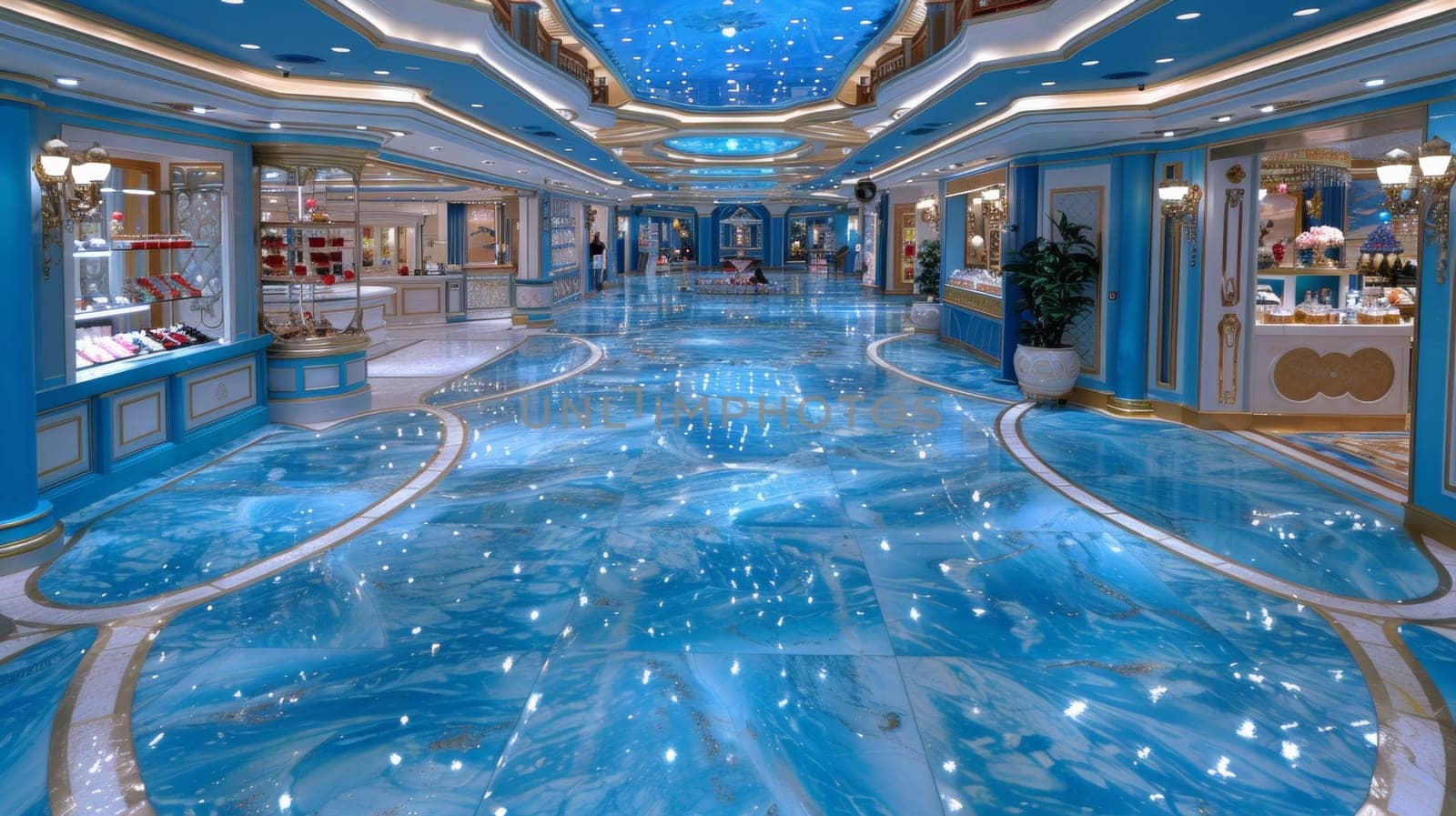 A large room with blue marble floor and lots of lights, AI by starush