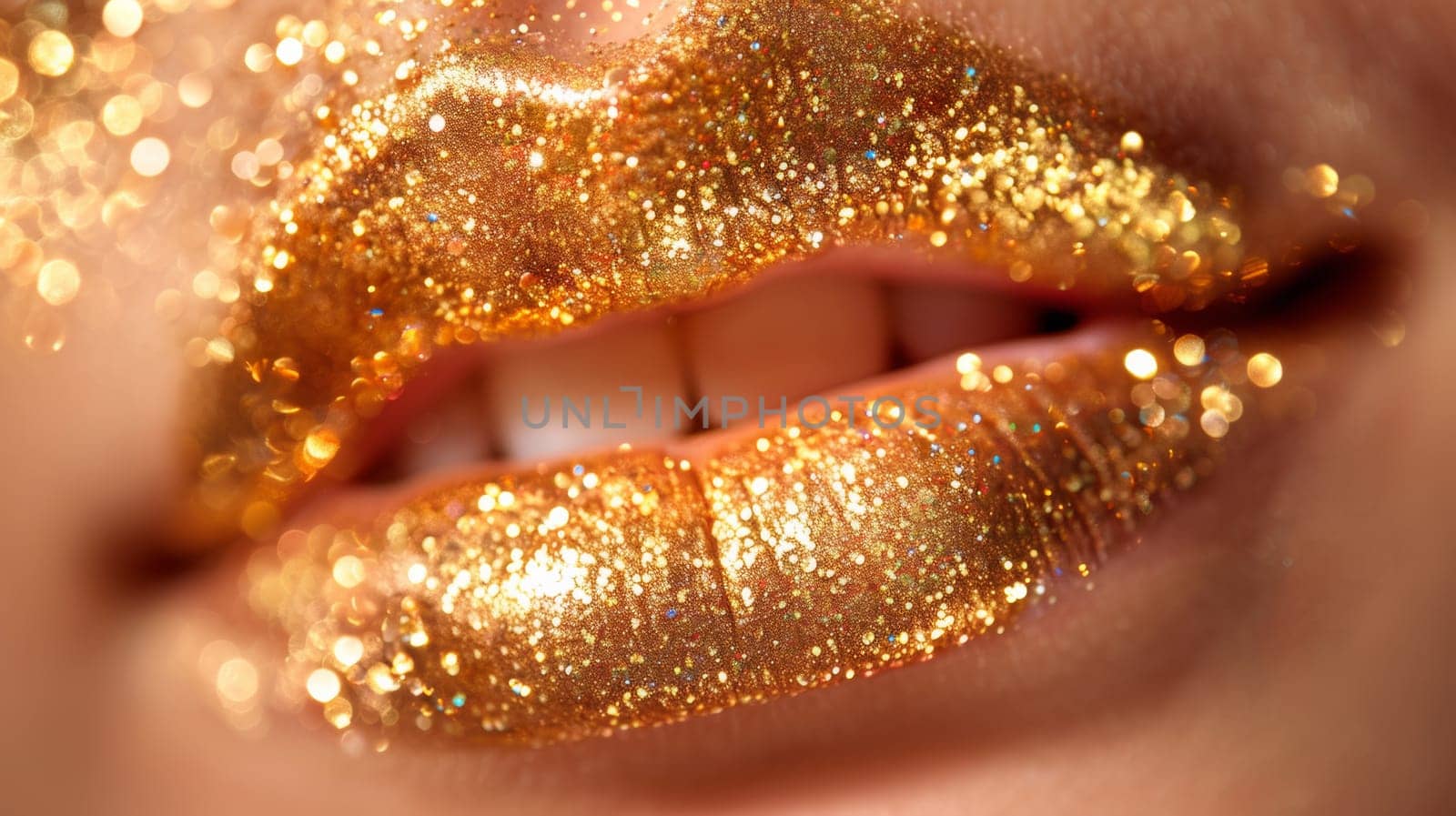 Close up of a woman's lips with gold glitter on them, AI by starush