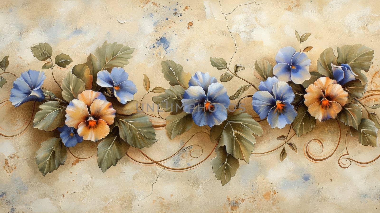 A painting of a flower arrangement on the wall with leaves