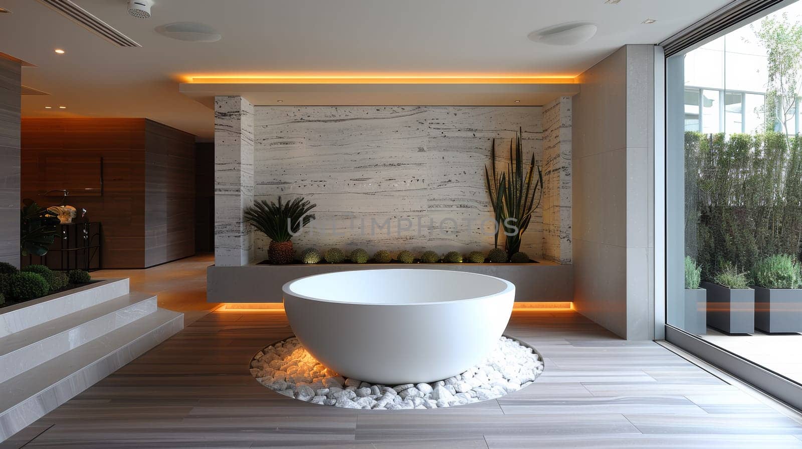 A modern bathroom with a large white bathtub and plants