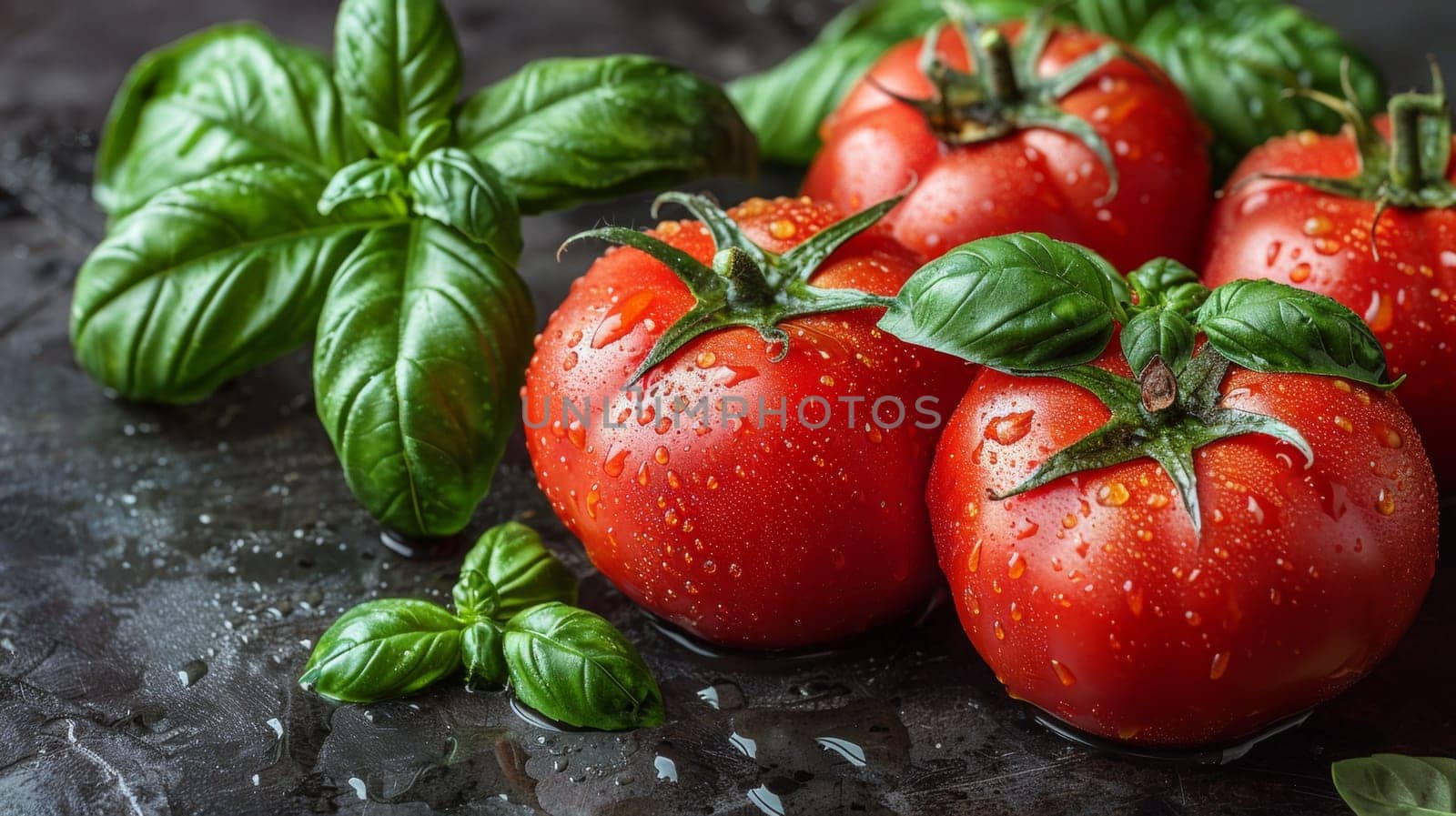 A group of tomatoes with water droplets on them and basil leaves