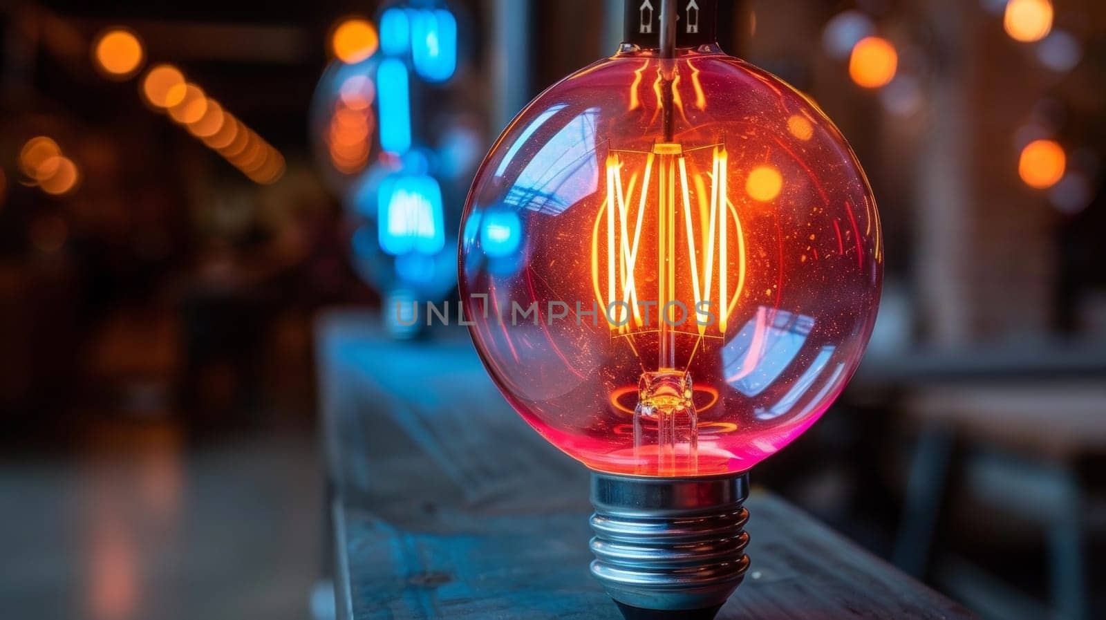 A close up of a light bulb with neon lights on it