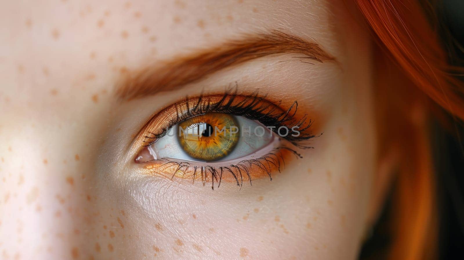 A close up of a woman's eye with red hair and freckles