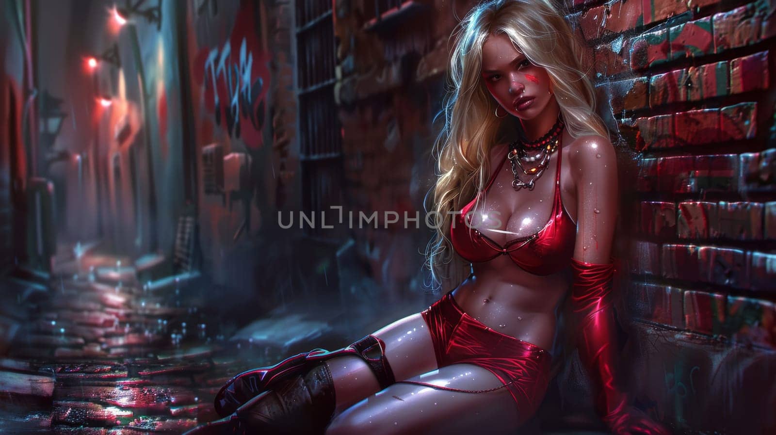 A beautiful woman in a red outfit sitting on the ground, AI by starush