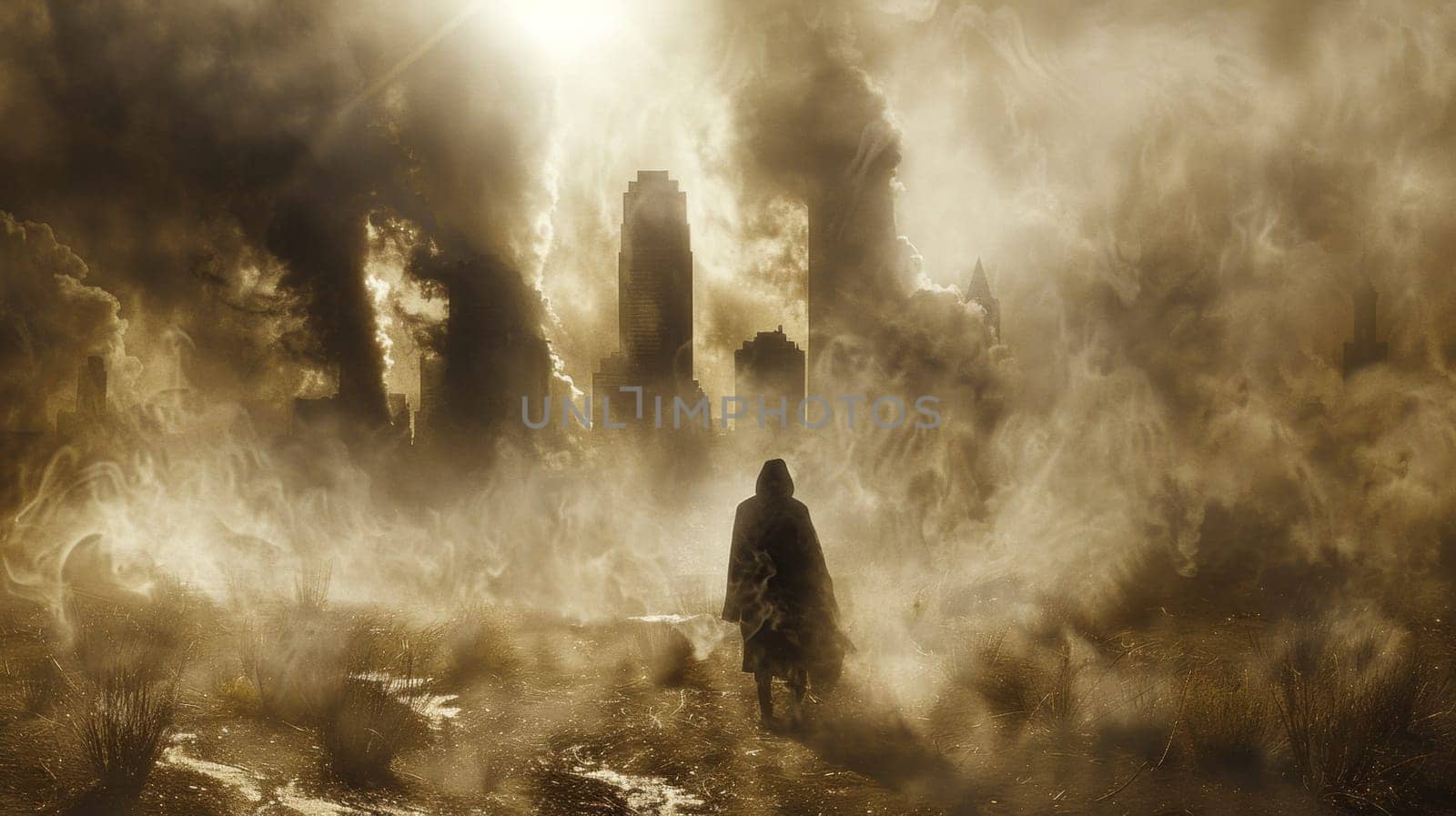 A man walking through a city with smoke and buildings in the background