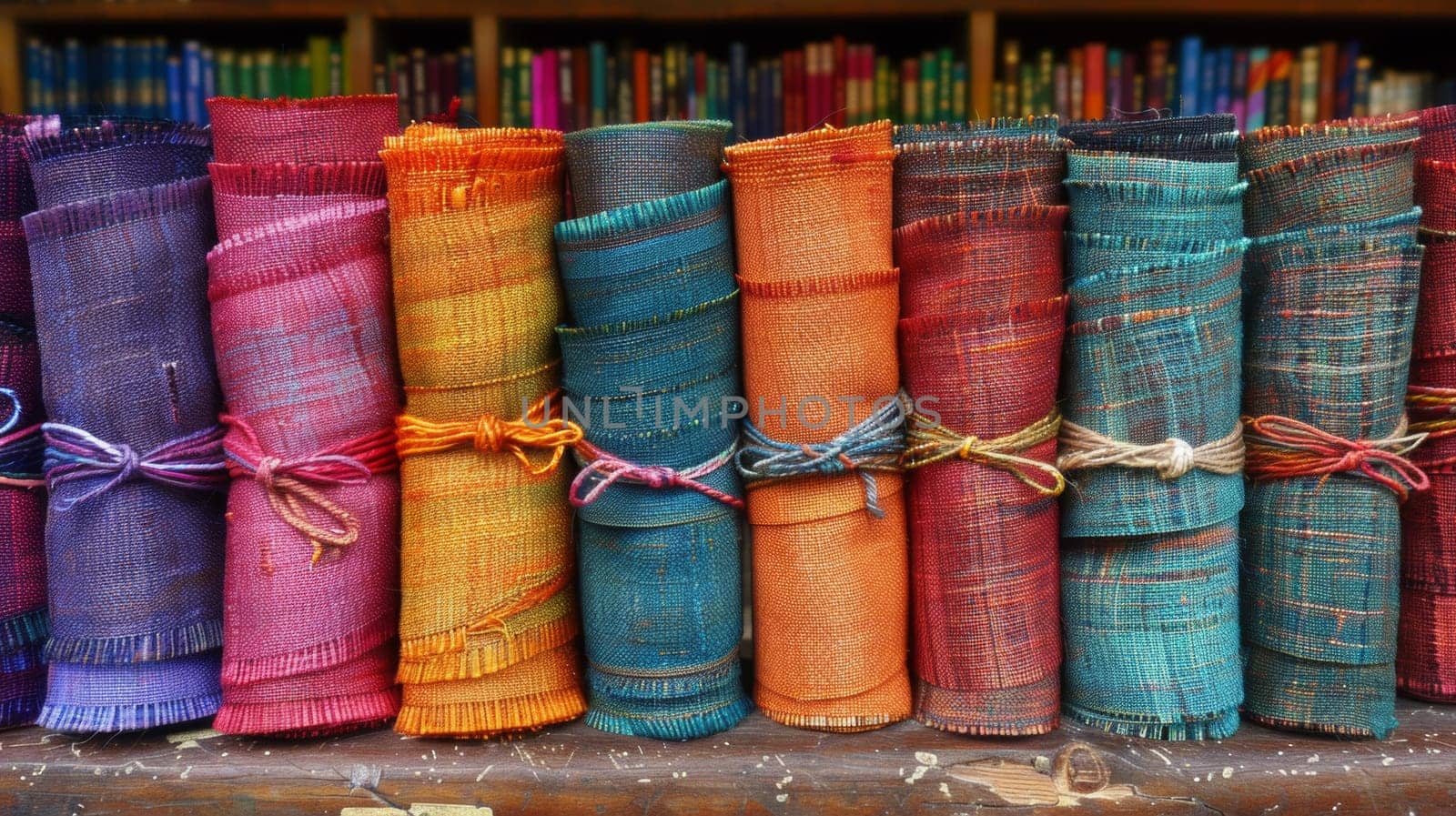 A row of colorful cloths tied with string and sitting on a table