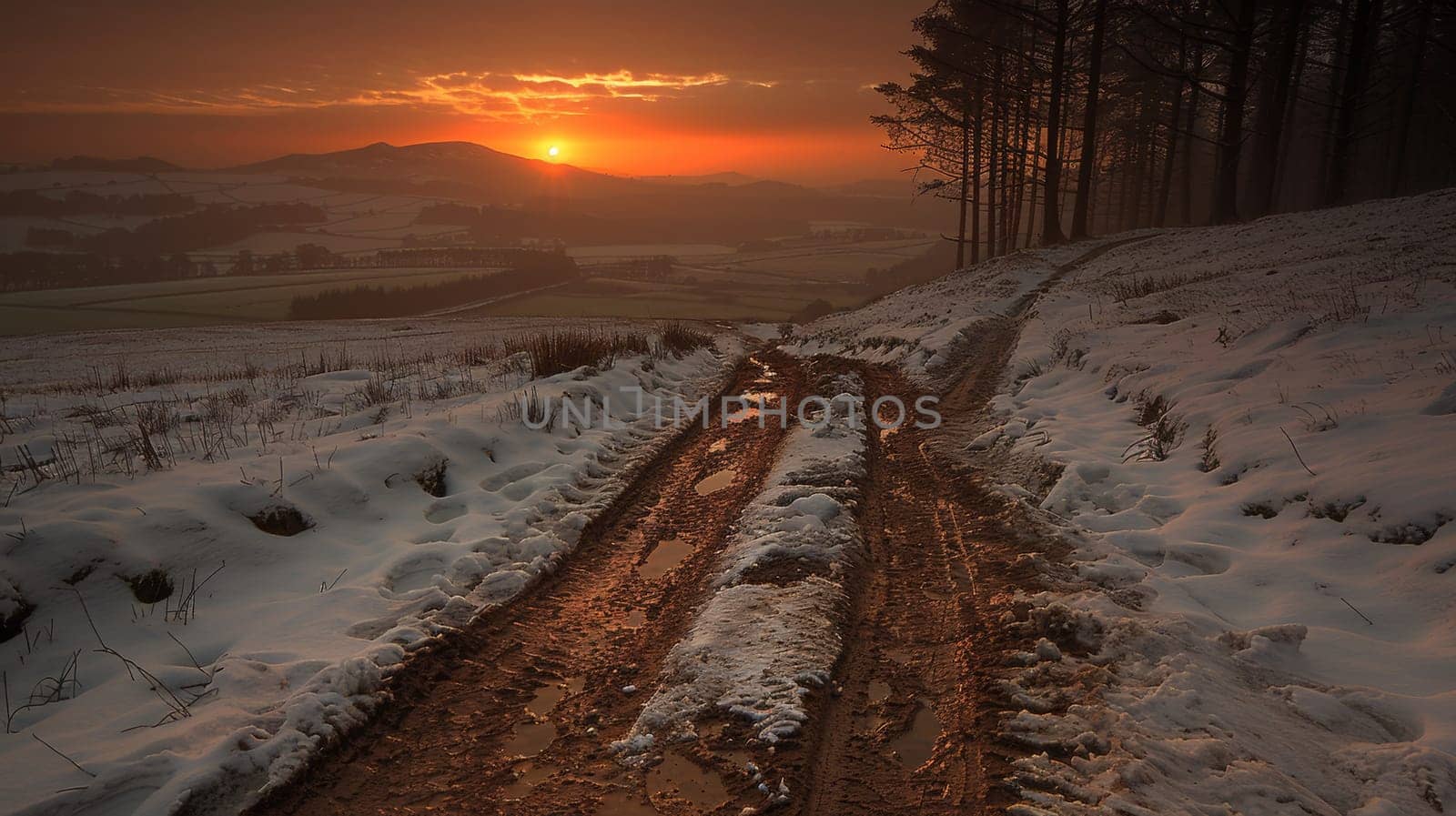 A snowy road with a sunset in the background