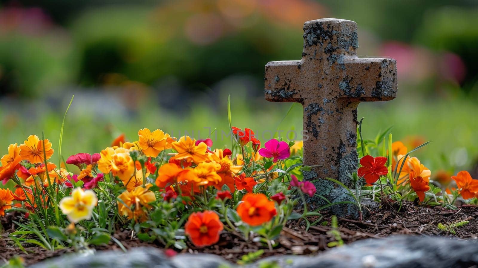A cross in a flower bed with flowers around it