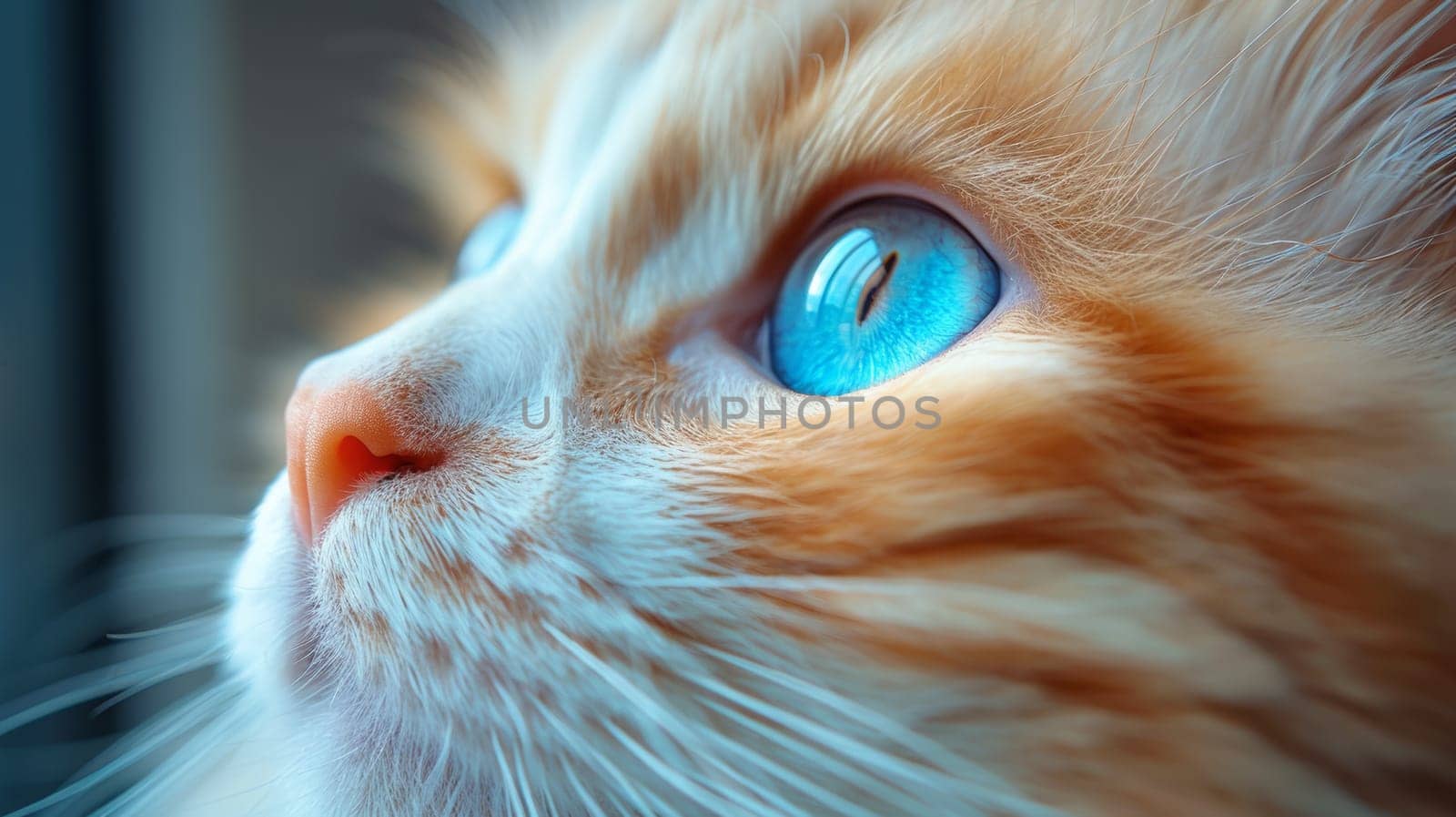 A close up of a cat with blue eyes looking at something