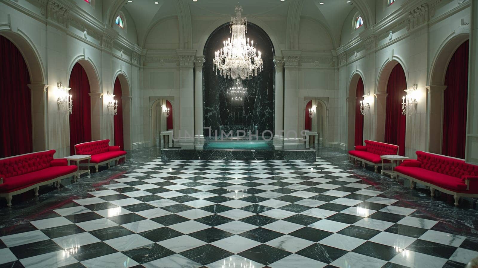 A large room with a checkered floor and red benches, AI by starush