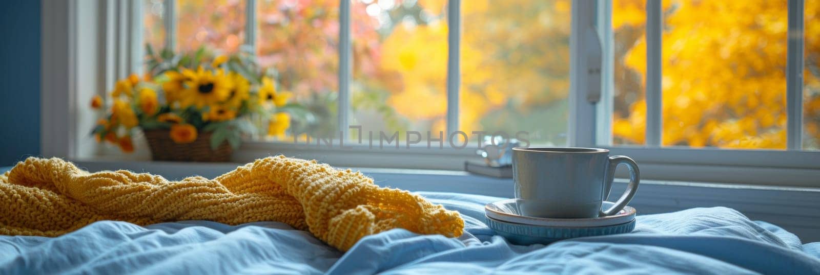 A cup of coffee on a bed next to the window