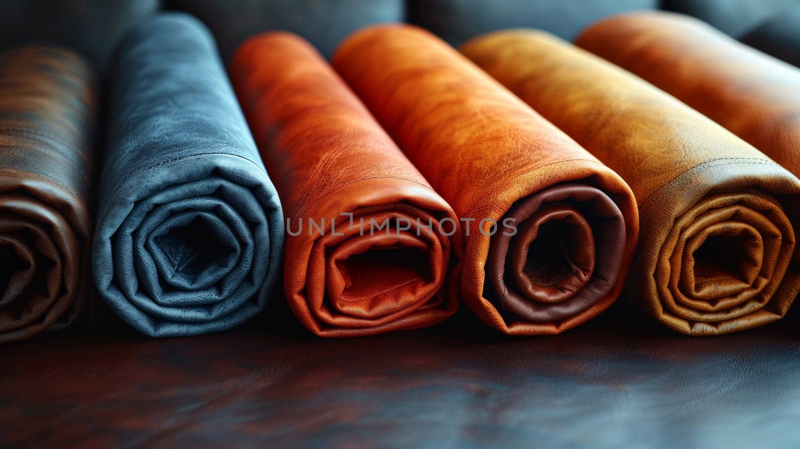A row of leather rolls sitting on a black surface, AI by starush