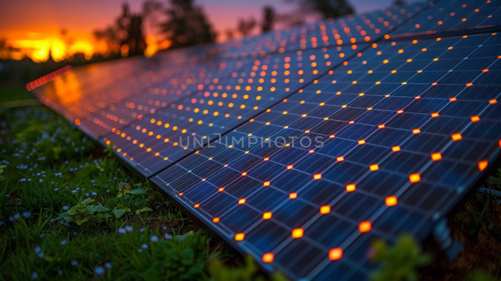A solar panel with lights on it in the evening