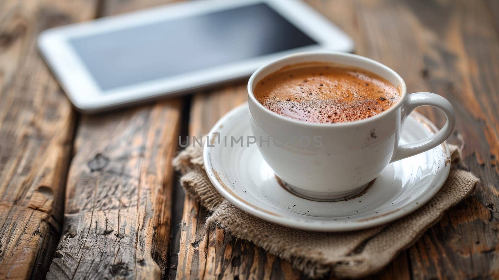 A cup of coffee on a saucer next to an ipad