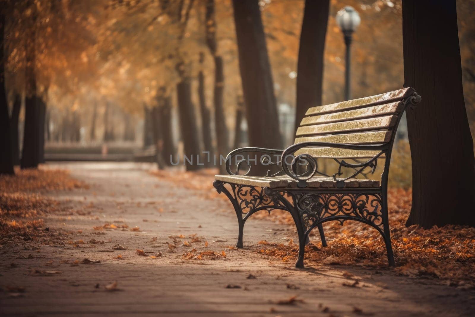 Bench autumn park. Wood garden. Generate Ai