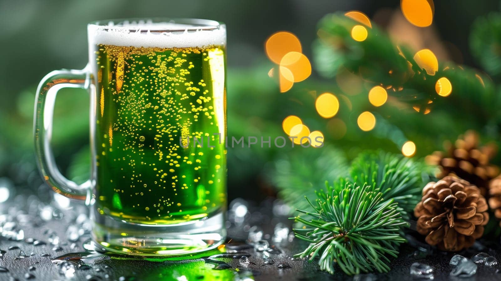 A close up of a glass full of beer next to pine cones, AI by starush