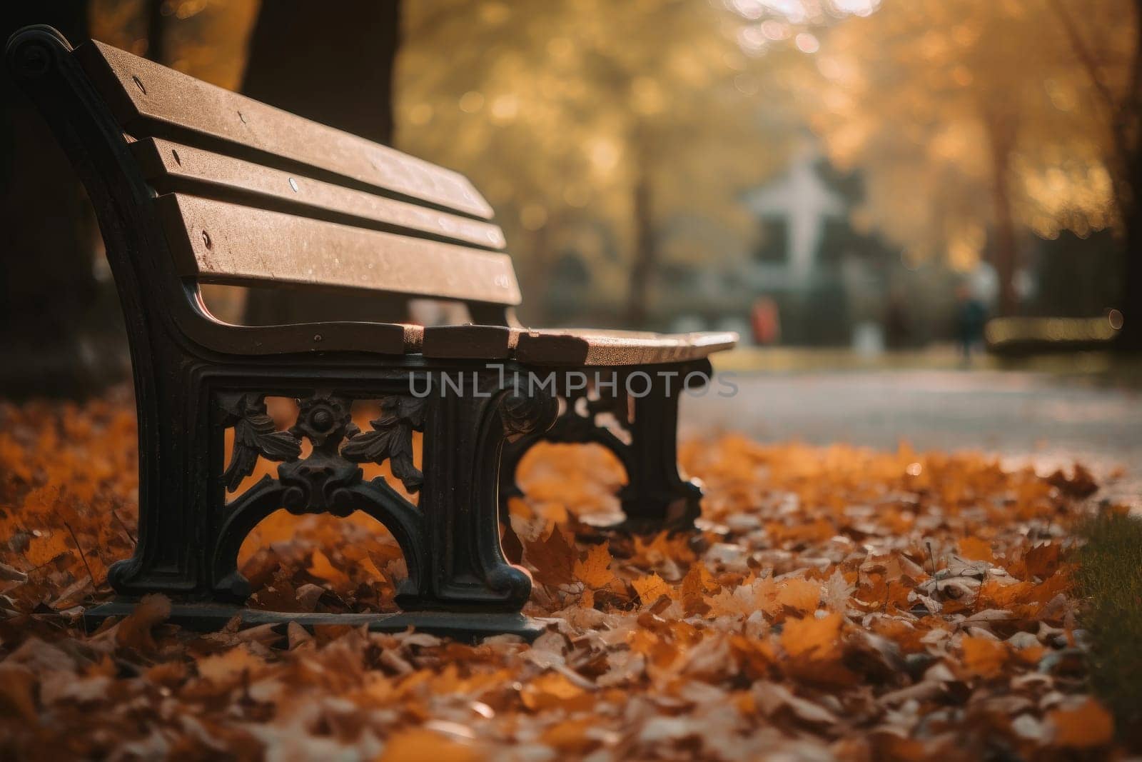 Bench park in autumn time. Generate Ai by ylivdesign