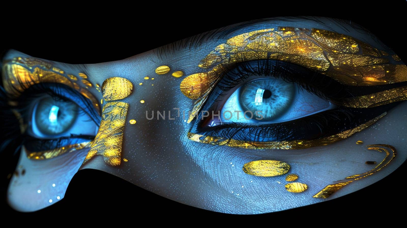 A close up of a woman's face with gold and blue eyes