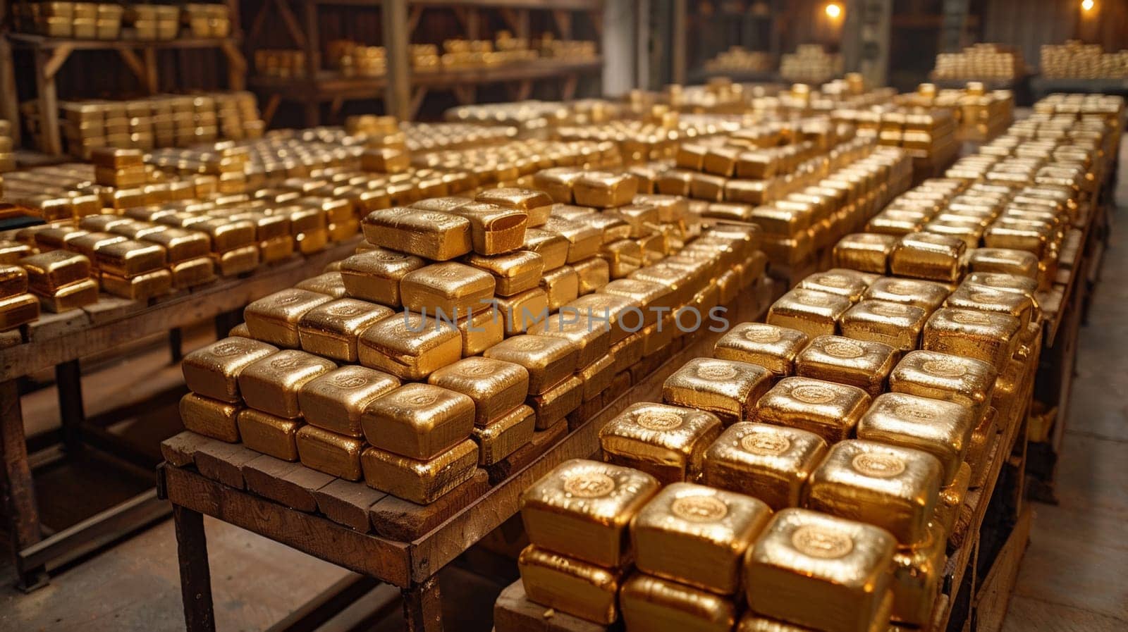 A warehouse full of gold bars stacked on wooden pallets