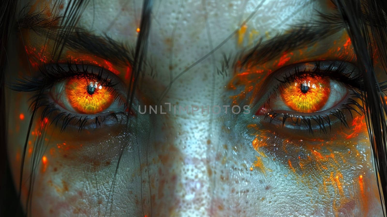 A close up of a woman's face with orange eyes and hair, AI by starush