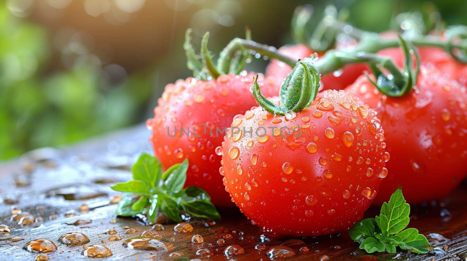 A bunch of tomatoes with water droplets on them sitting next to some leaves, AI by starush