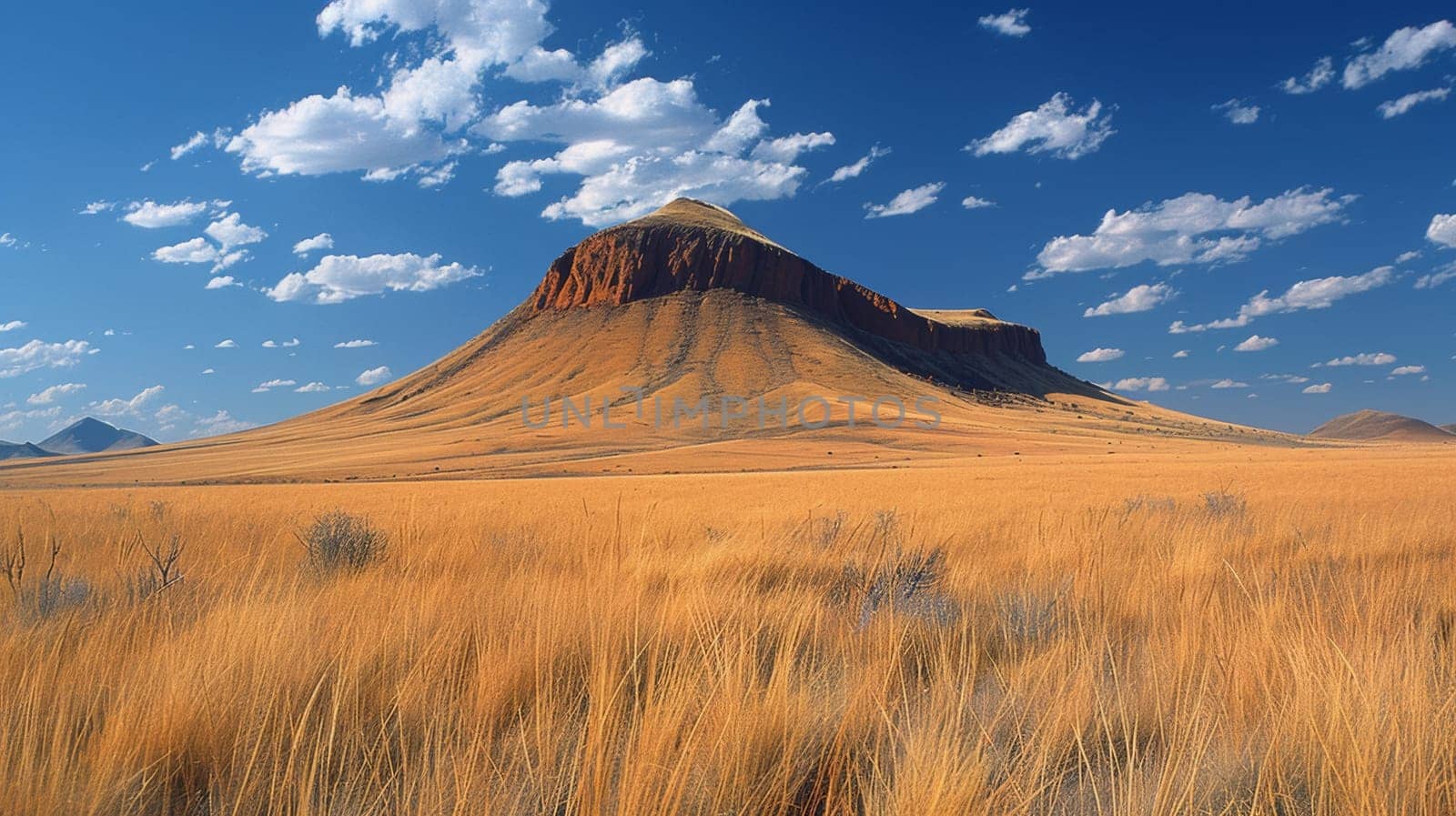 A large mountain in the distance with a blue sky and clouds, AI by starush