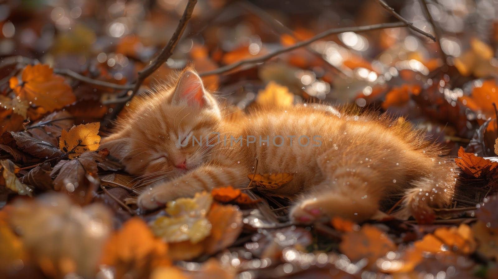 A small kitten sleeping in a pile of leaves on the ground, AI by starush