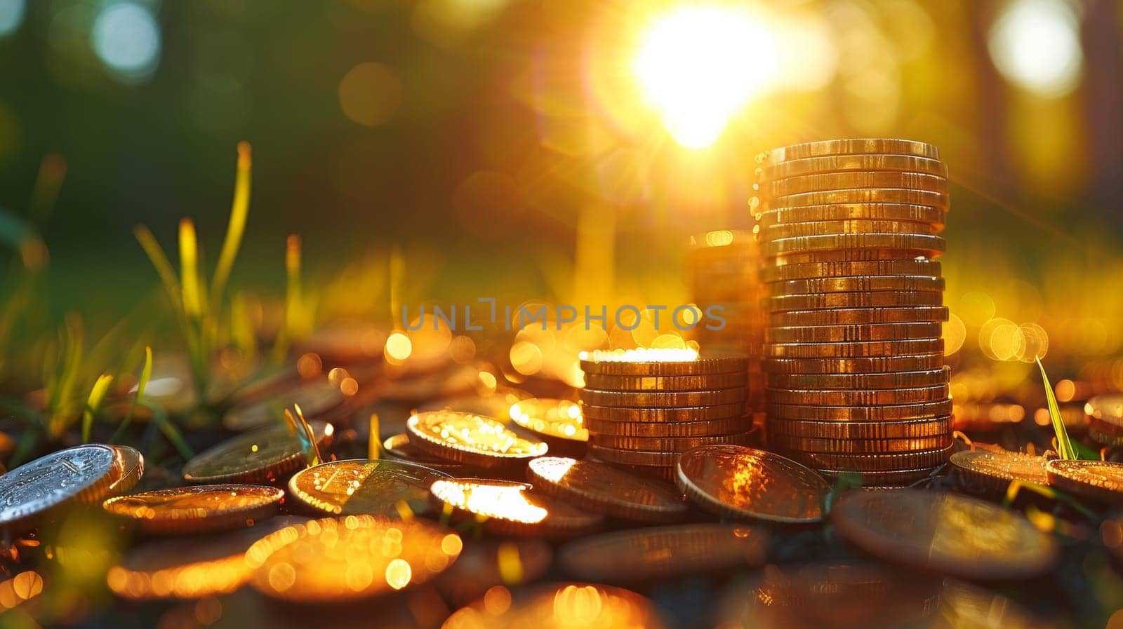 A pile of coins sitting on the ground in front of a sun, AI by starush
