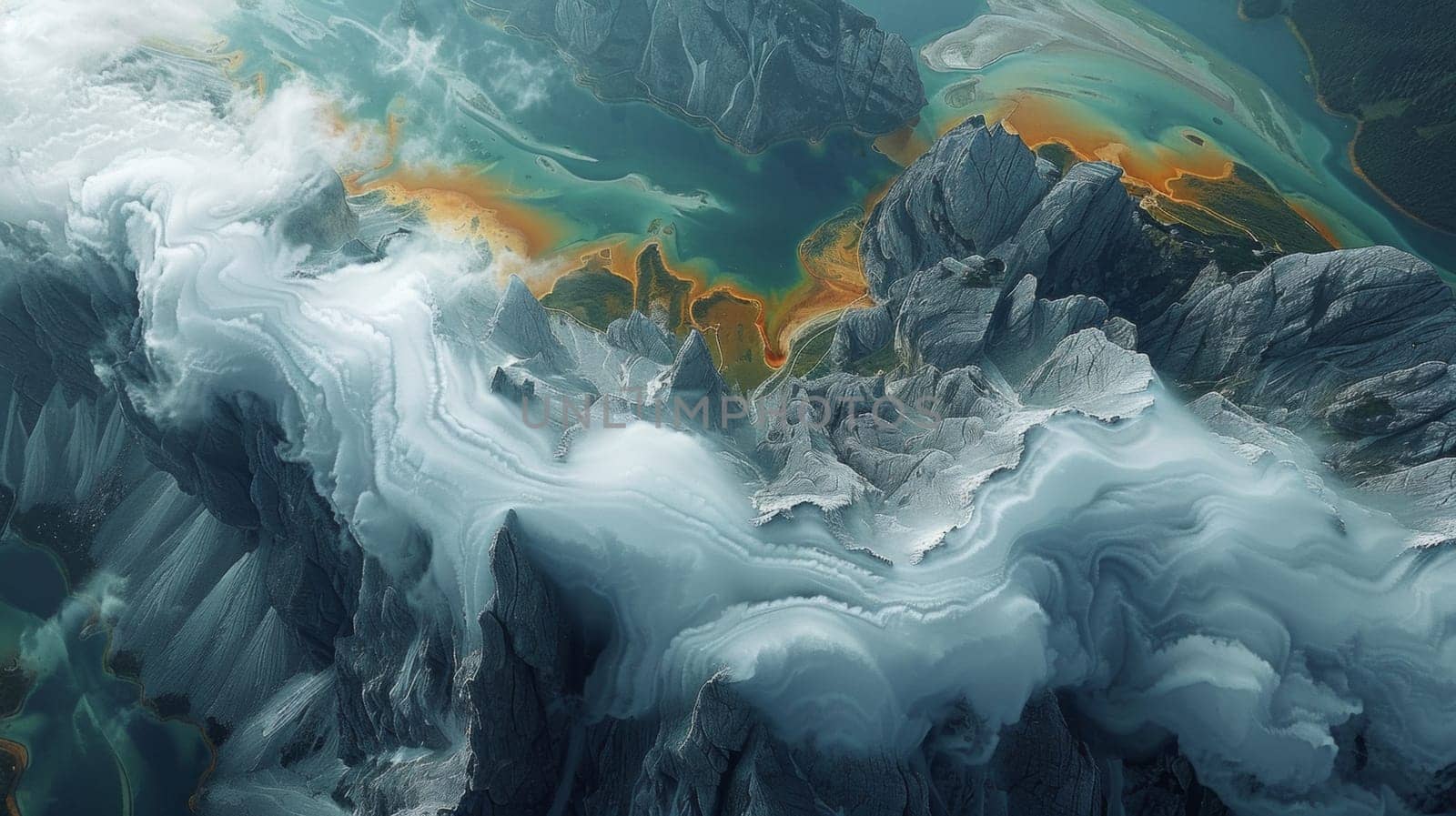 A close up of a mountain range with clouds and water, AI by starush