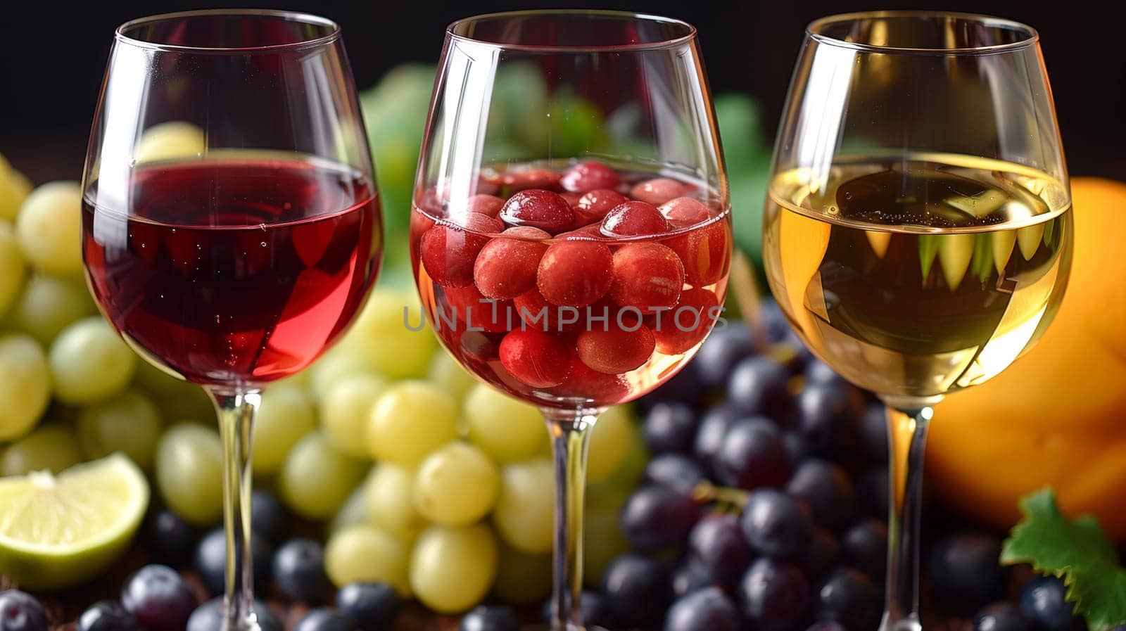 Three glasses of wine with different fruits and vegetables in them, AI by starush