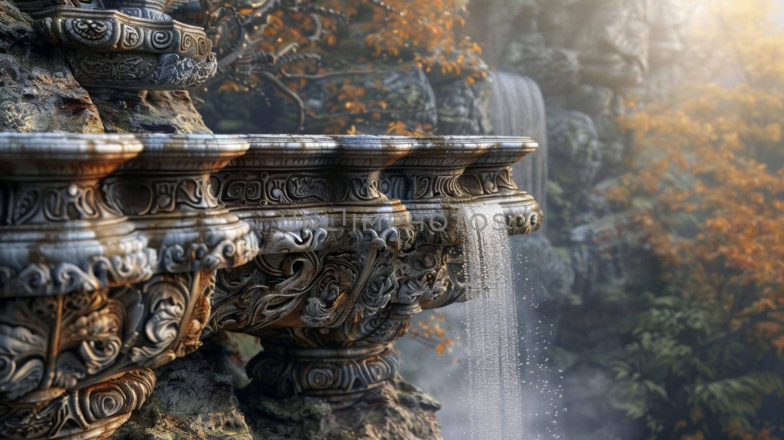 A fountain with a waterfall in the background of an image, AI by starush