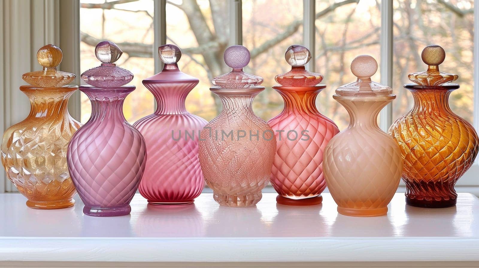 A row of glass vases lined up on a window sill, AI by starush