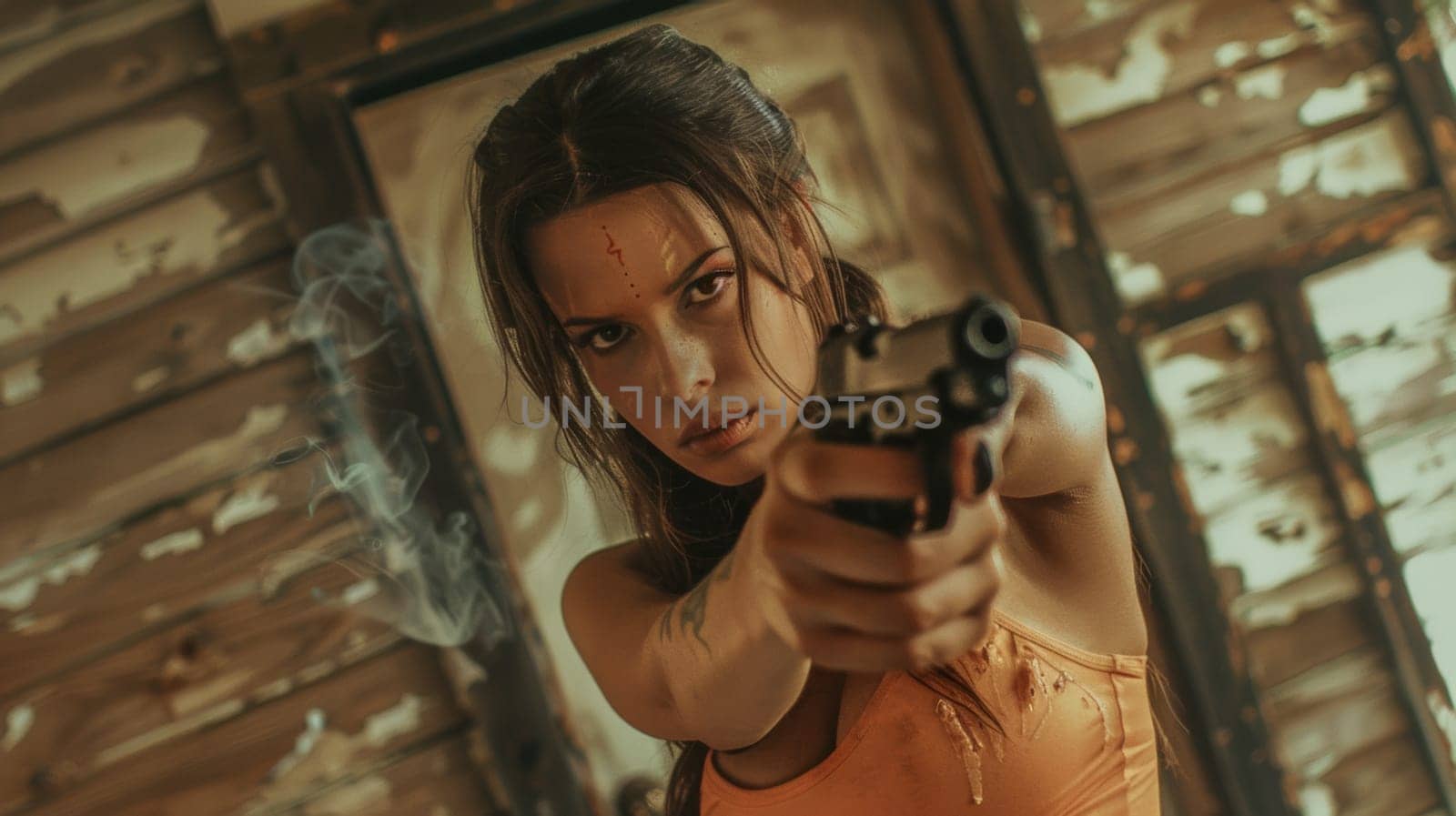 A woman in a orange shirt holding up her gun, AI by starush