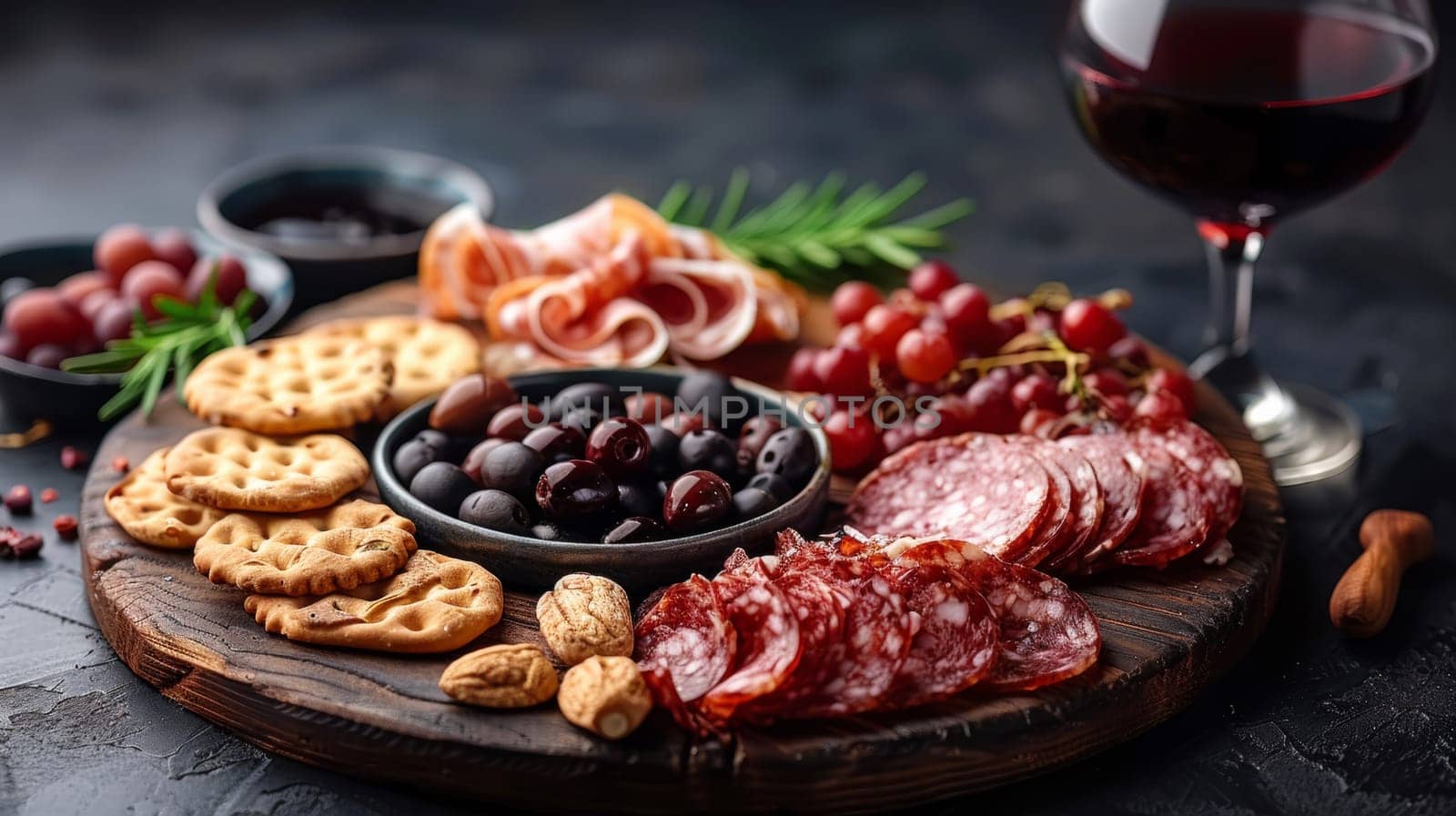 A plate of food with crackers, olives and grapes