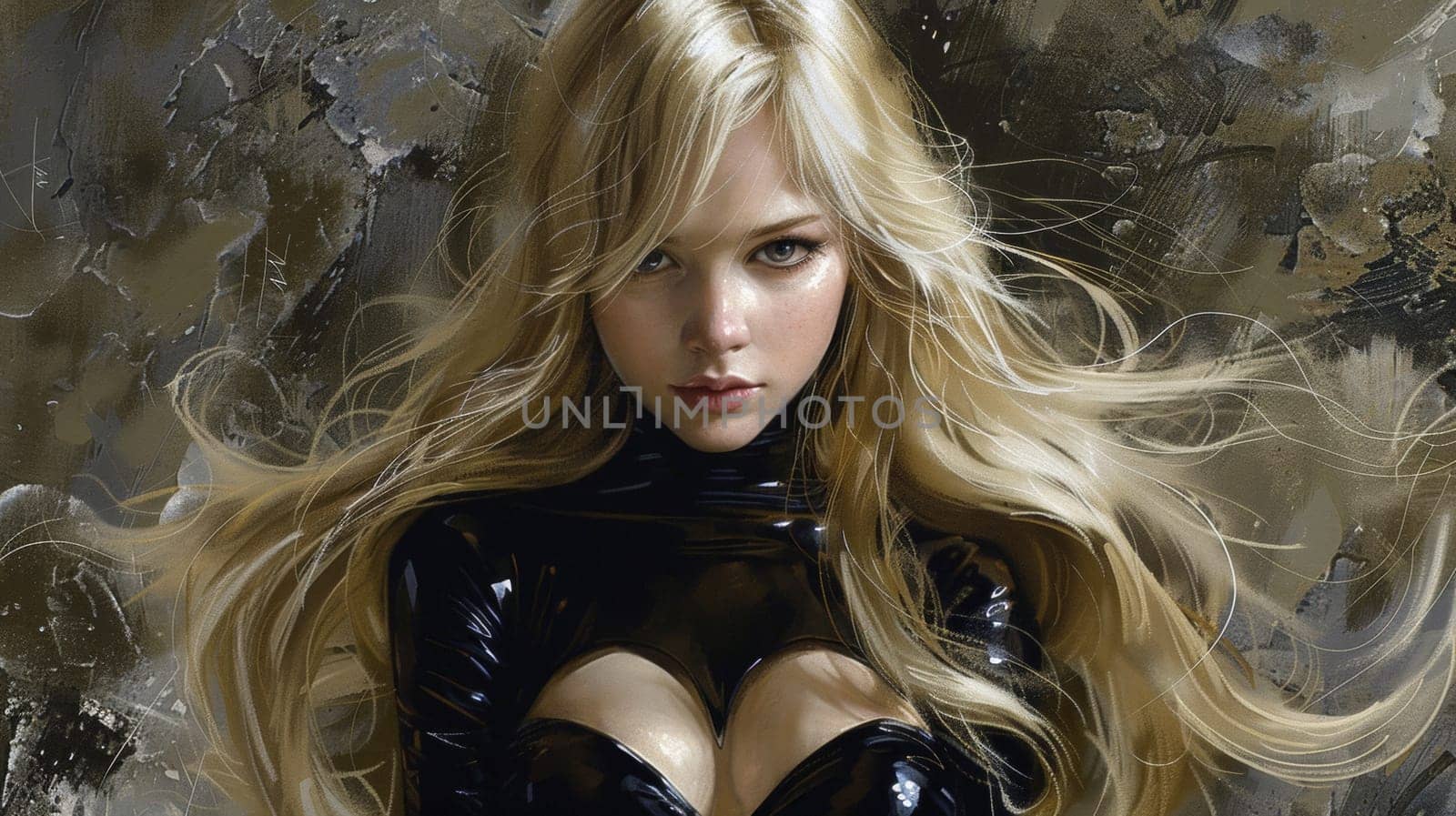 A painting of a woman in black latex with long blonde hair, AI by starush