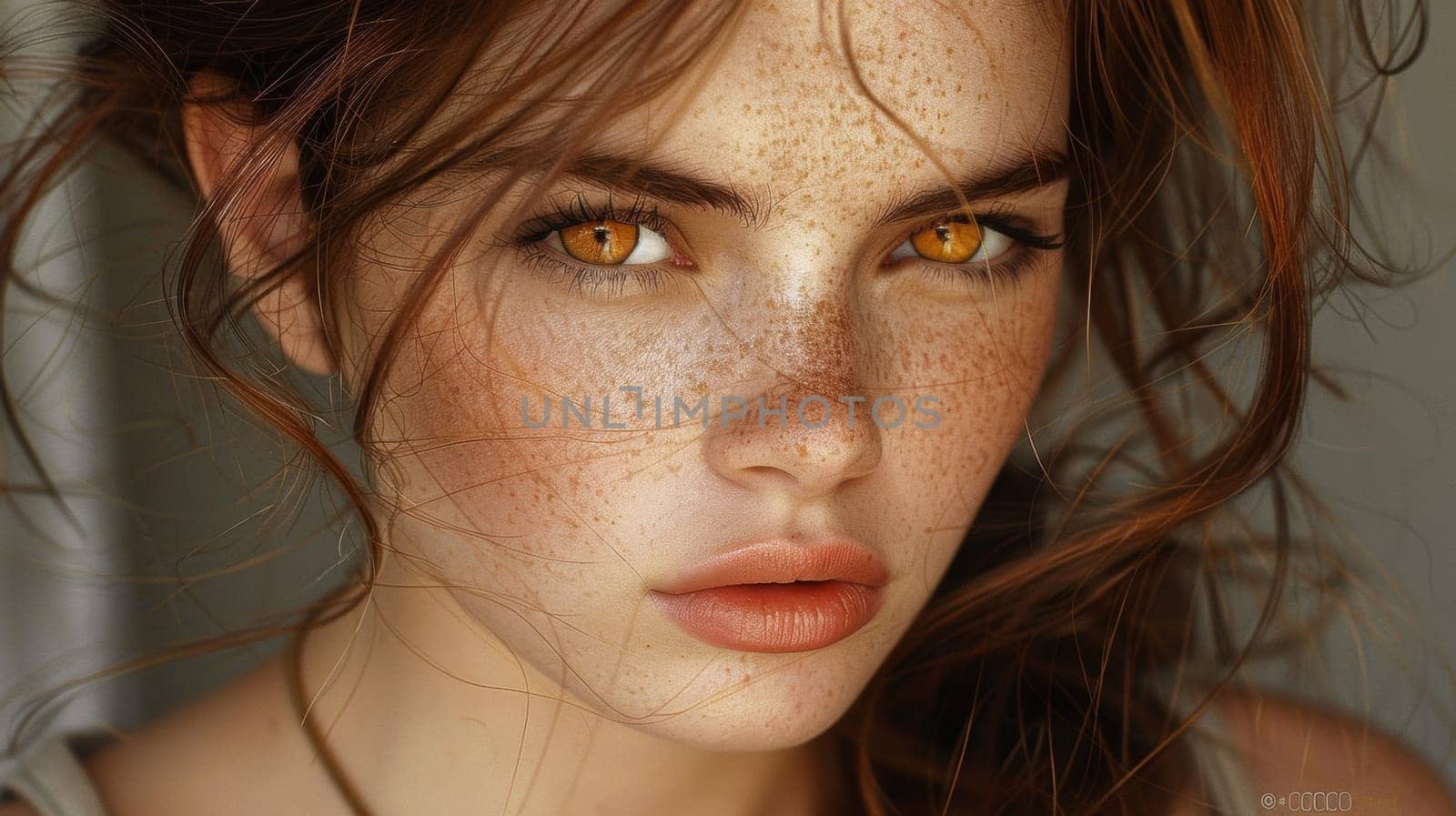 A close up of a woman with freckles and brown eyes, AI by starush