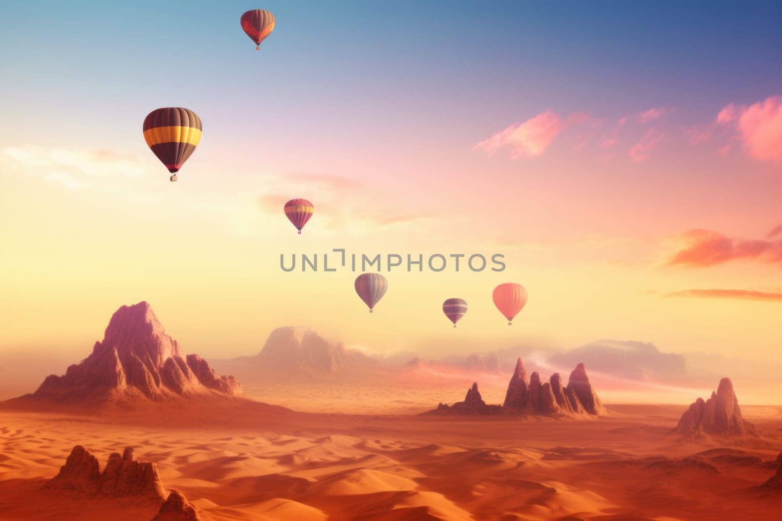 Desert air balloon. Sky adventure. Generate Ai