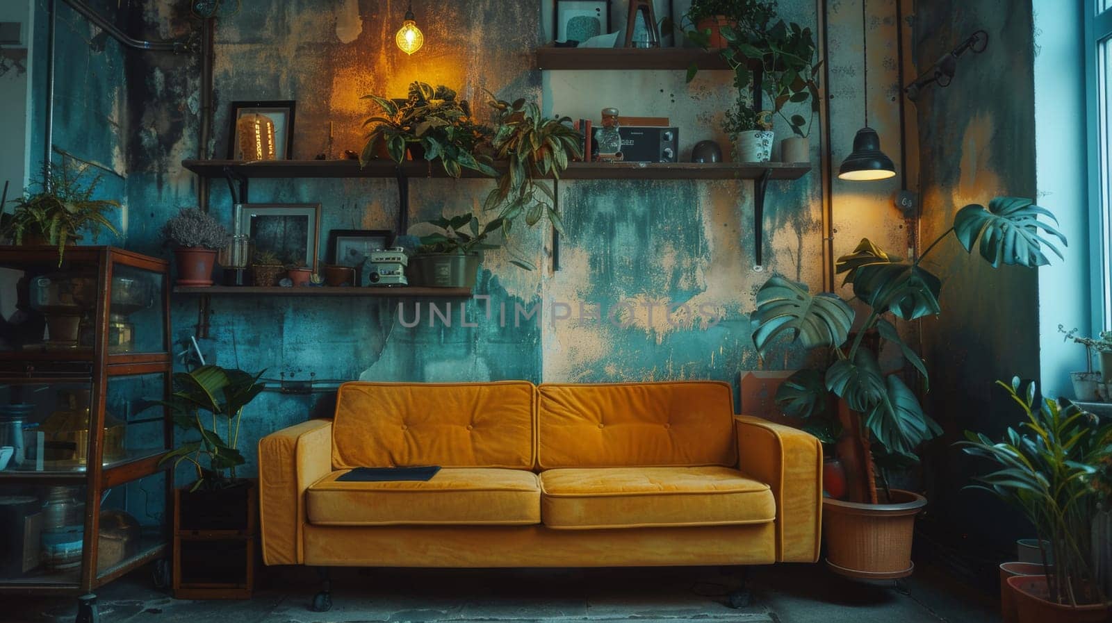 A yellow couch in a room with plants and potted flowers