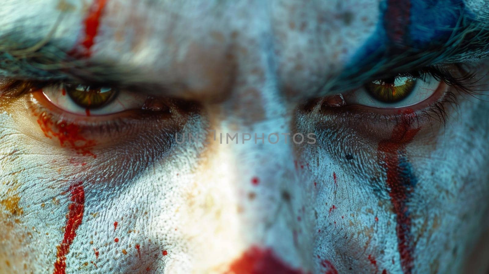 A close up of a man with painted face and blood on his nose