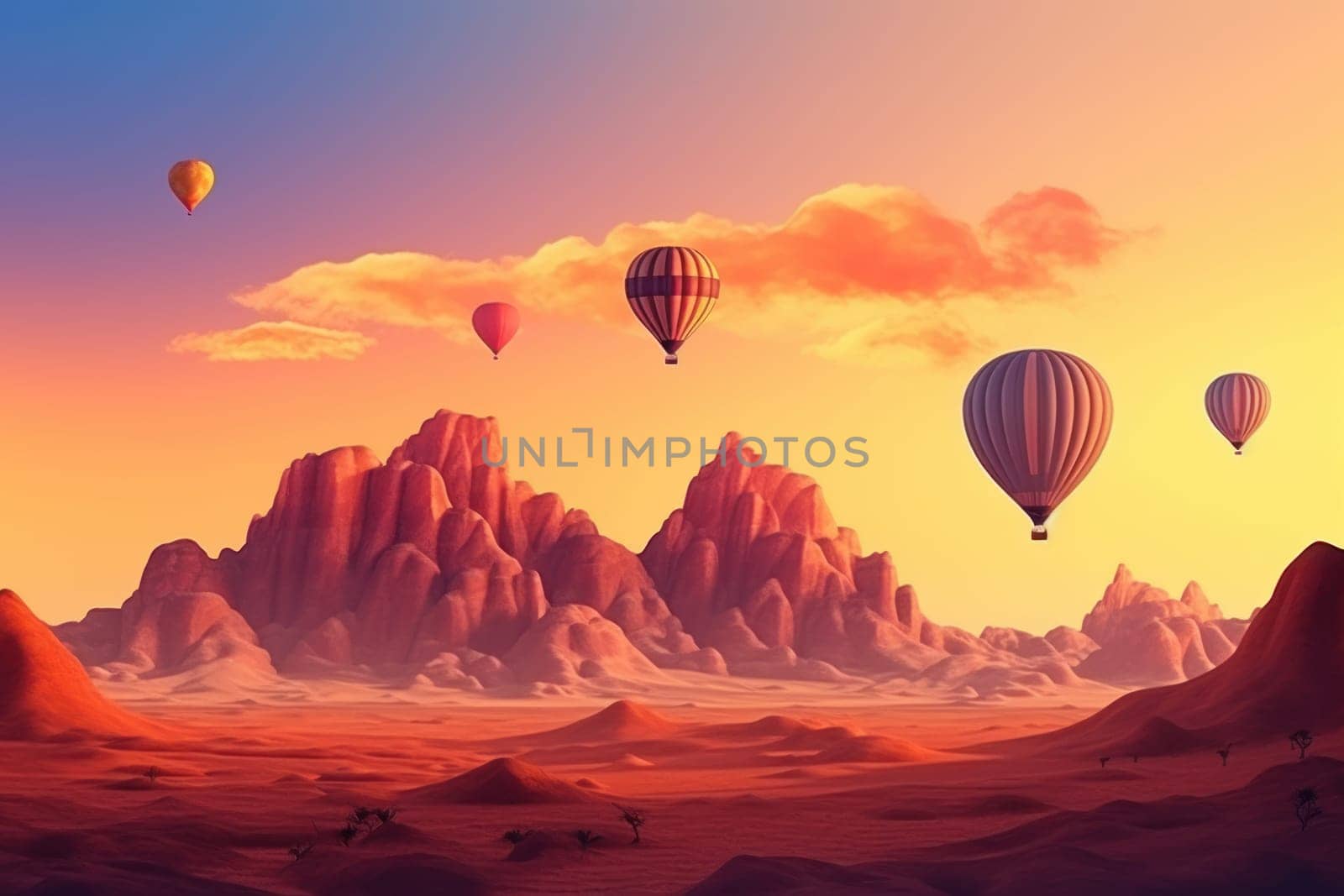 Desert balloon sunset. Sand dune nature. Generate Ai