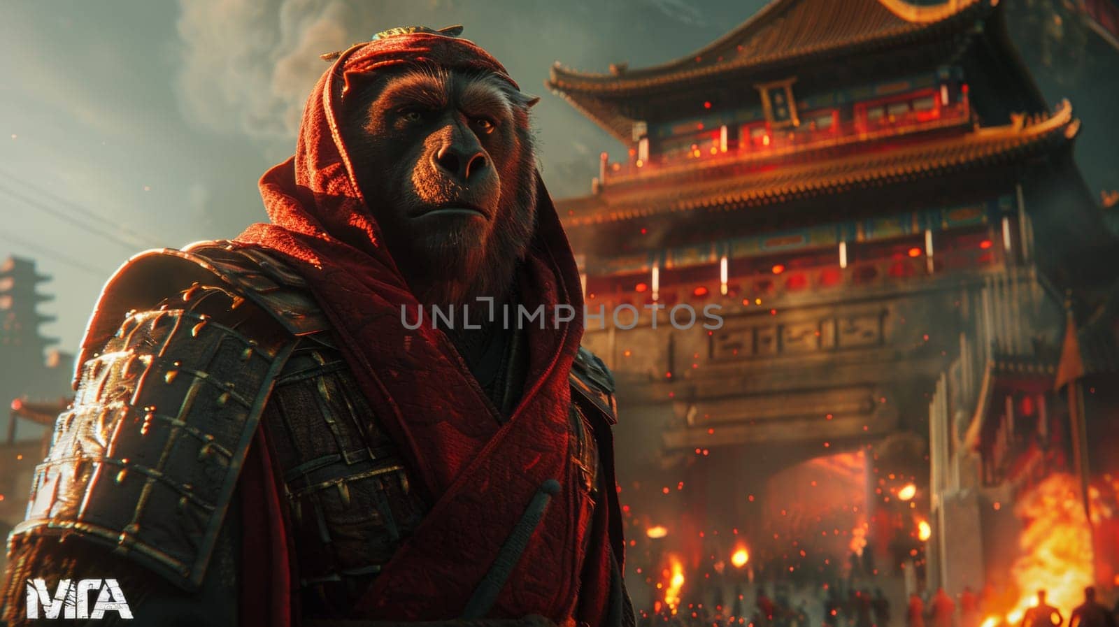 A man in a red robe and hood standing next to an asian building, AI by starush